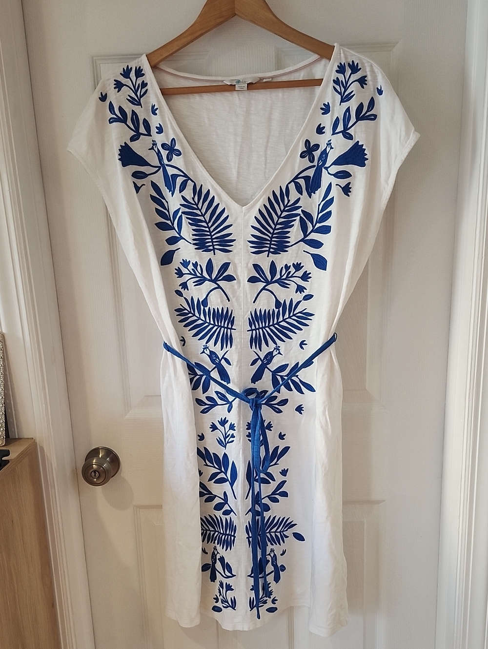 Boden White Midi Dress with Blue Botanical Embroidery